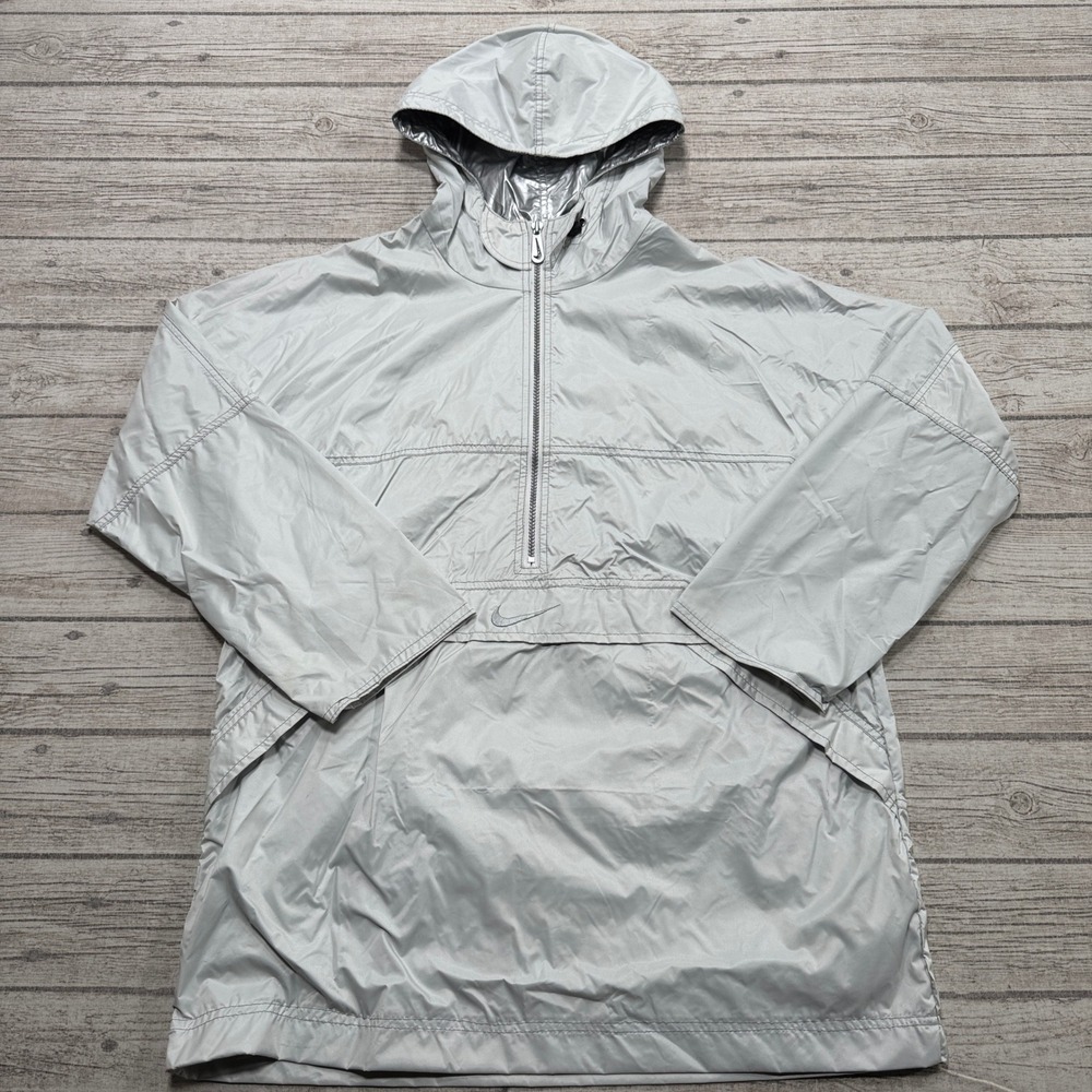 Vintage Nike Jacket Men's Large Silver Athletic Fit Hooded Half Zip Windbreaker